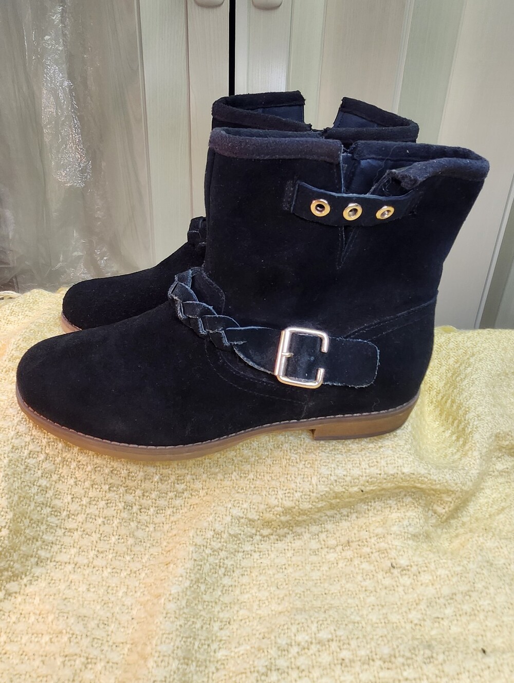 JustFab Black Suede Braided Strap Ankle Boots with Buckle